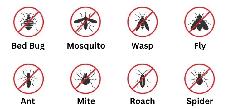 Stop insect icon set. Pest Control icons set. Pests silhouettes. Bed bug, mosquito, wasp, fly, ant, mite, roach, and spider symbols11